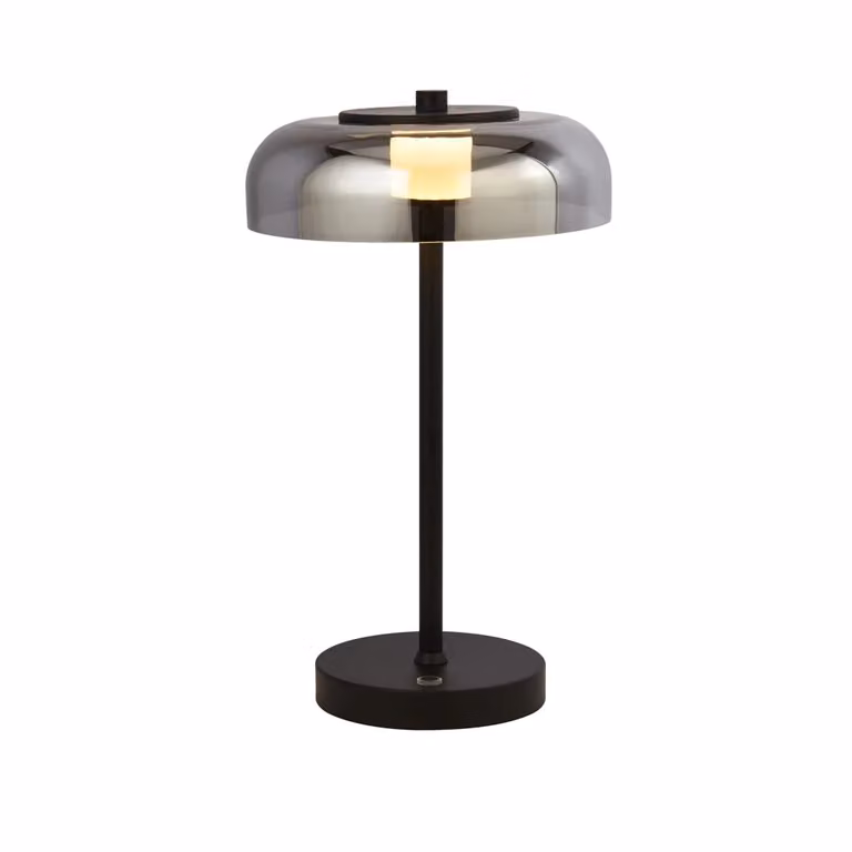 Lampada da scrivania contemporanea Searchlight Frisbee in acciaio nero e vetro con LED da 9,87W e luce bianca calda 3000K