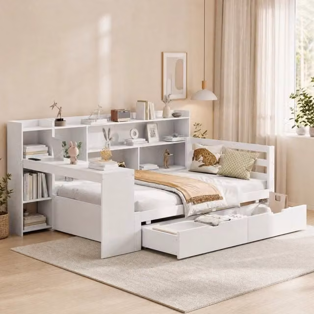 Letto multifunzionale moderno in legno di pino bianco con scrivania, libreria, cassetti e porte USB, L/P/H: 200 x 90 x 120 cm