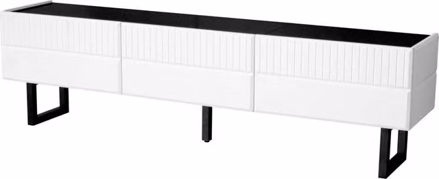 Set mobili soggiorno con tavolino e mobile TV in MDF nero e bianco lucido, design moderno a strisce verticali, dimensioni 170x35x47 cm e 110x50,5x41 cm