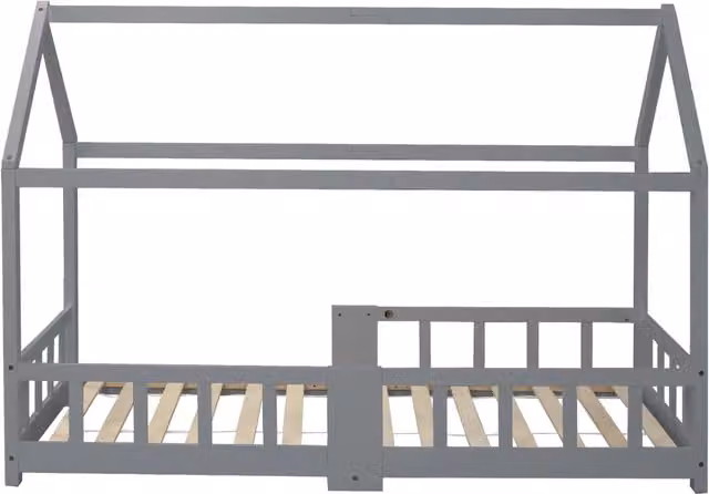 Letto per bambini a forma di casetta 90x200 cm in legno di pino grigio con rete a doghe e protezioni anticaduta (senza materasso)
