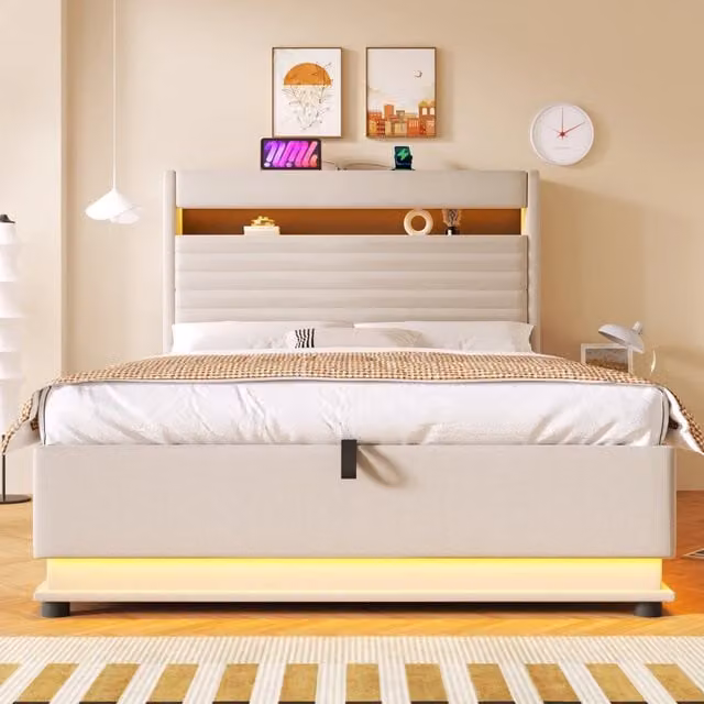 Letto contenitore 140x200 cm con LED regolabile; ricarica USB-C e rivestimento beige in lino