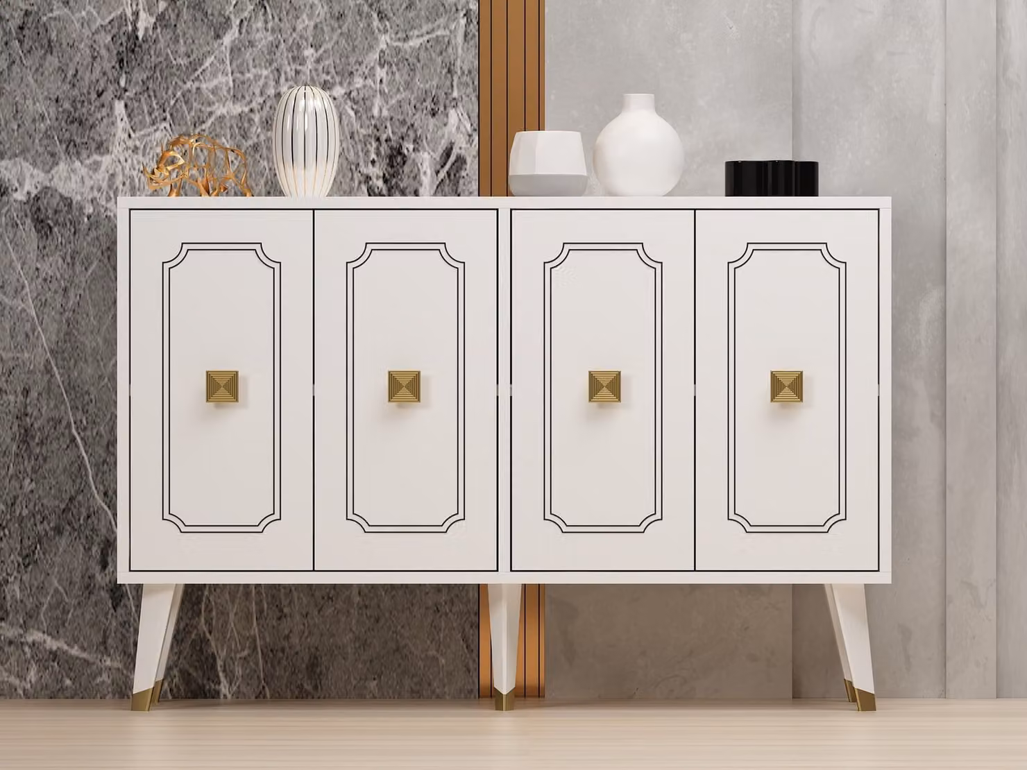 Skye Decor, Roland - Bianco, Oro, Consolle, Bianco, 100% PANNELLI DI PARTICELLE RIVESTITI IN MELAMMINA, 120 x 30 x 80 cm