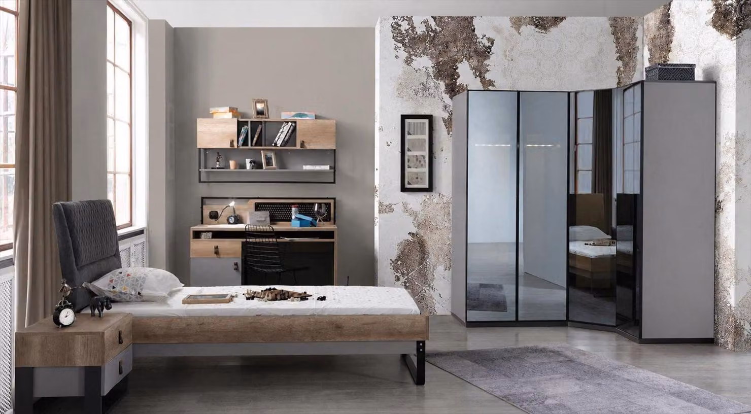 Set per camera da letto per ragazzi: letto, mobiletto angolare, scrivania, comodino, scaffale