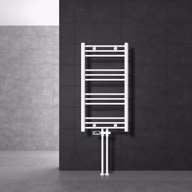 LuxeBath Radiatore da bagno attacco centrale 500 x 800 mm Bianco diritto con termostato e set di collegamento attraverso il pavimento Bianco - Radiatore, senza elemento riscaldante