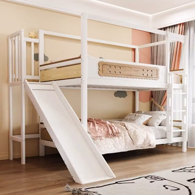 Letto a castello per bambini REDOM in legno e MDF bianco e naturale con scala e struttura a casetta L/P/H: 200 x 90 x 176 cm