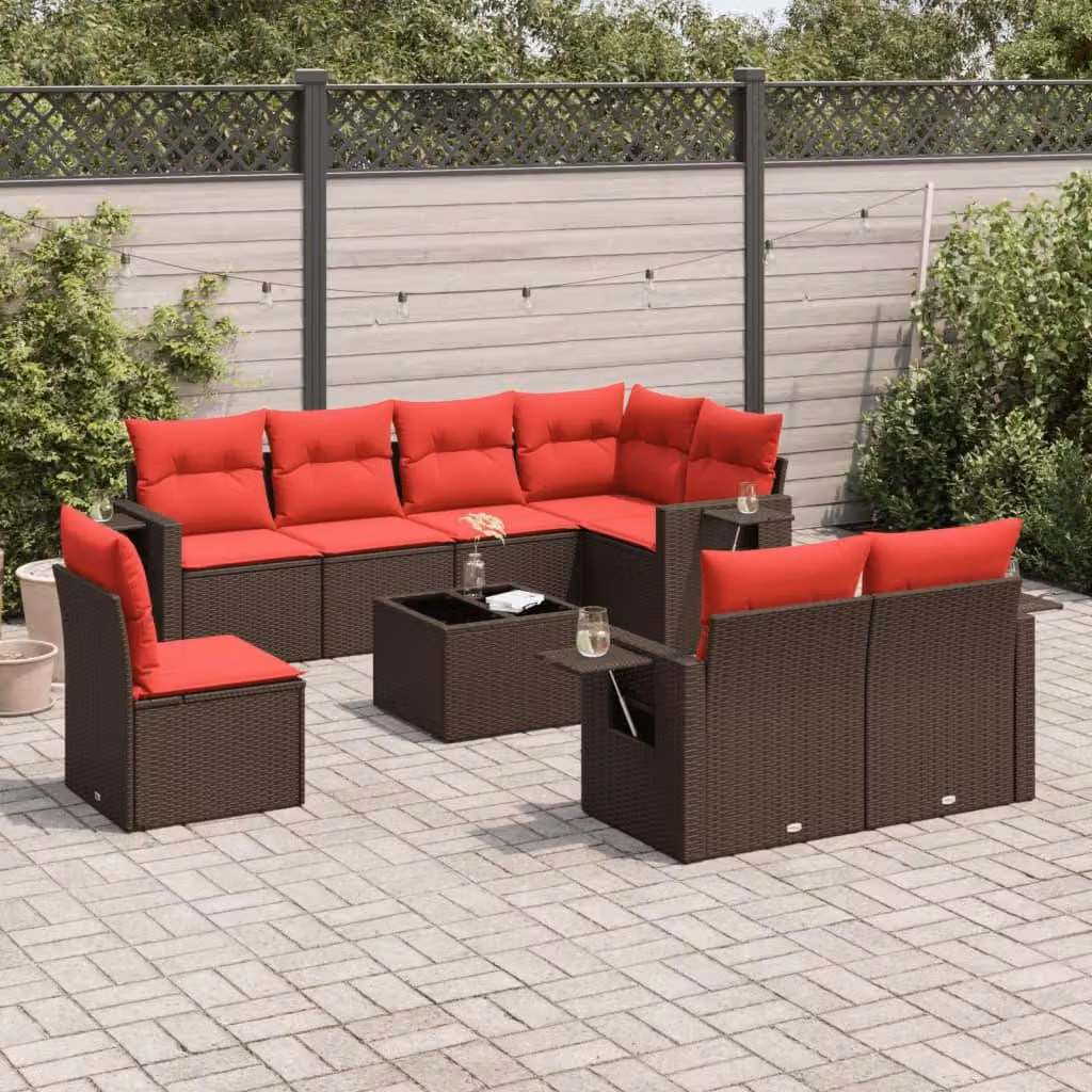 Maison Exclusive - Set divano da giardino 9 pezzi con cuscini, marrone, polyrattan