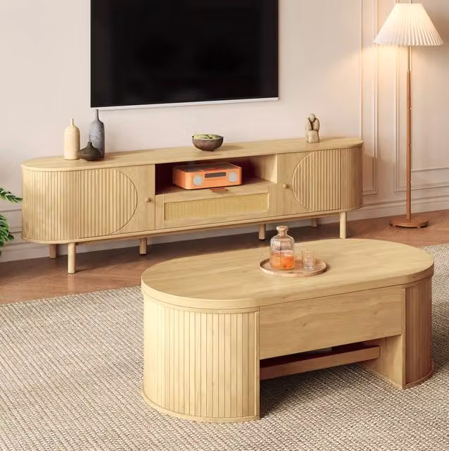 Set soggiorno con tavolino regolabile e mobile TV 175 cm in MDF effetto legno naturale