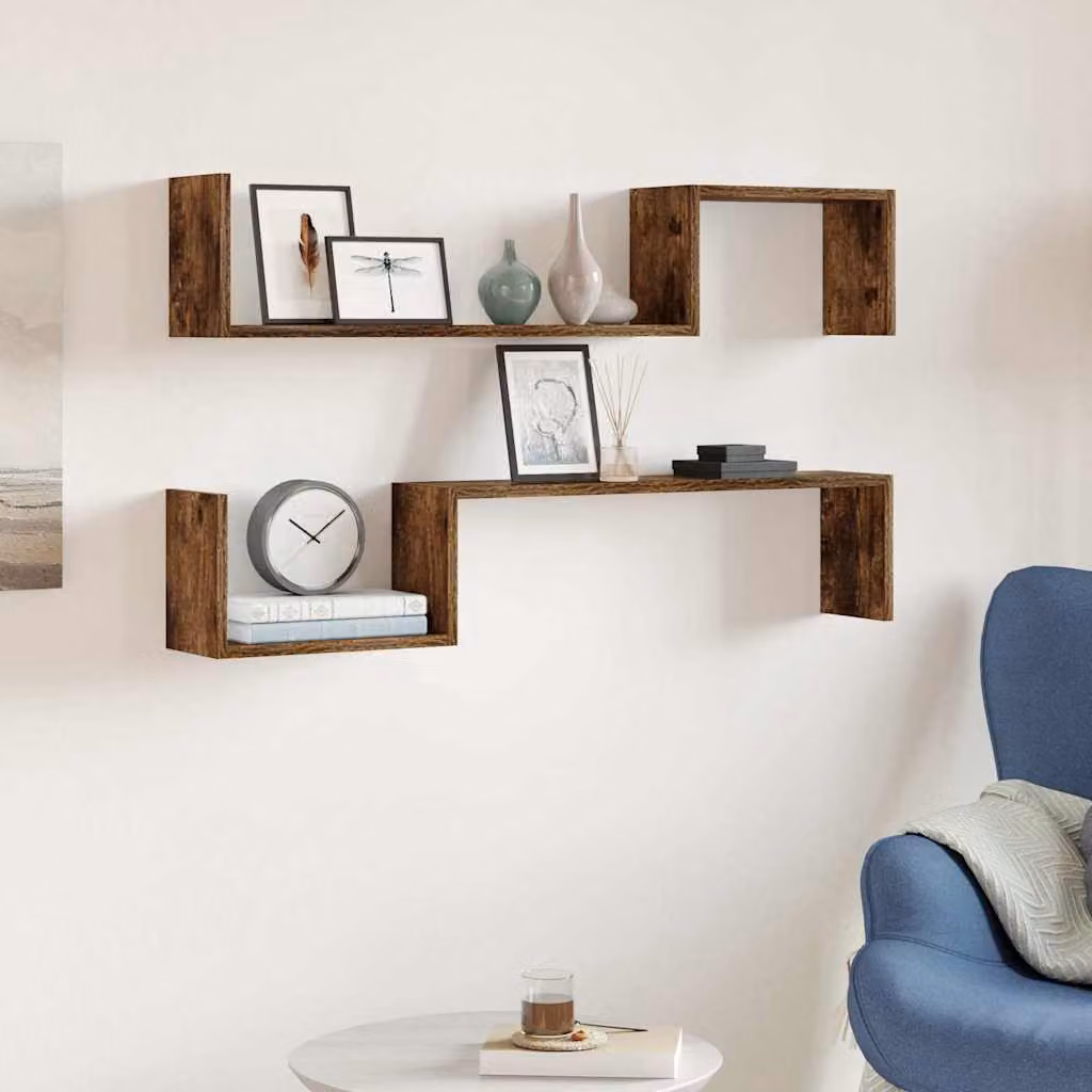 Set di 2 mensole a muro vidaXL in legno multistrato color rovere fumo L: 100 cm, P: 20 cm, H: 15 cm