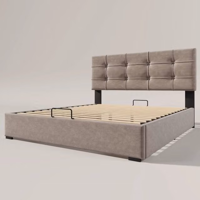 Letto matrimoniale imbottito 140x200 cm con testiera regolabile, struttura in metallo e legno, tessuto vellutato grigio chiaro con contenitore