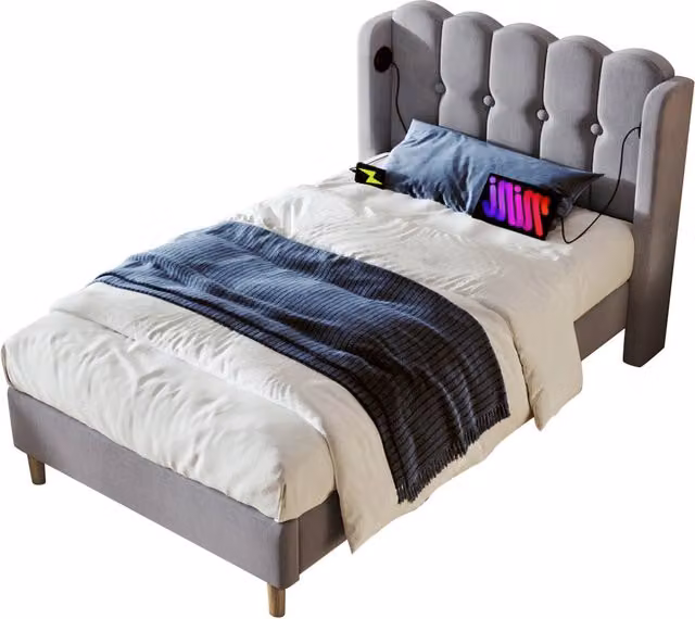 Letto singolo 90x200 in lino grigio con ricarica USB Type-C， senza materasso