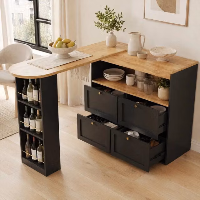 Tavolo bar girevole a 360° con 4 cassetti e ripiani aperti in MDF, 105x39x102 cm, per soggiorno, cucina o studio