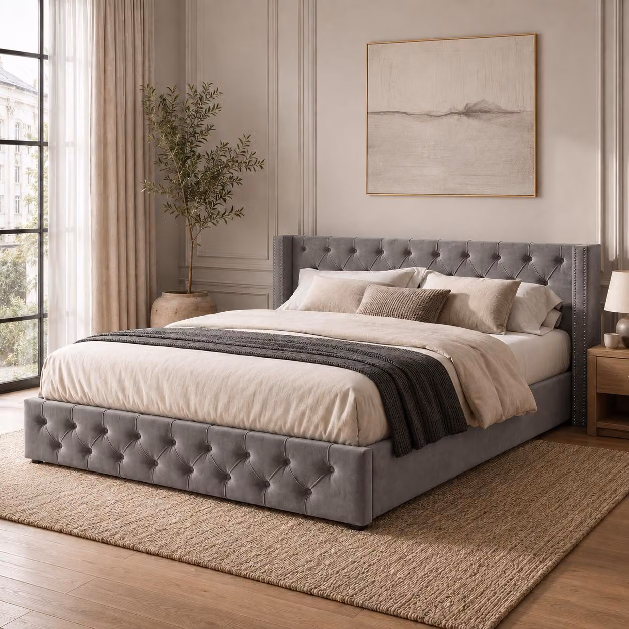 Letto imbottito Flieks 160x200cm con rete a doghe, letto a molle idrauliche con rete e contenitore, letto matrimoniale in velluto con contenitore letto funzionale, grigio