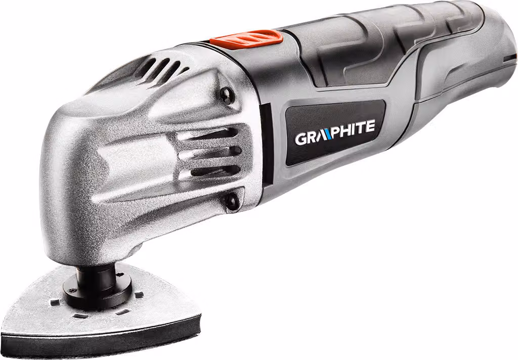 Apparecchio multifunzione GRAPHITE 180 W, oscillazione 20.000 min-¹, angolo di oscillazione 2,8°, telaio 80x80x80 mm, peso 1,35 kg, accessori: pezzi di lavoro - 2 pz, carta abrasiva 5 pz, attacco per l'aspirazione della polvere con adattatore + morsetto -