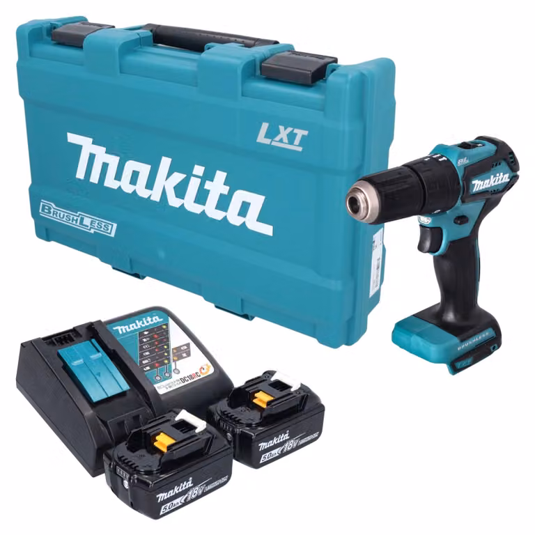 Trapano avvitatore a percussione a batteria Makita DHP 483 RTK 18 V 40 Nm brushless + 2 batterie da 5,0 Ah + caricabatterie + valigetta
