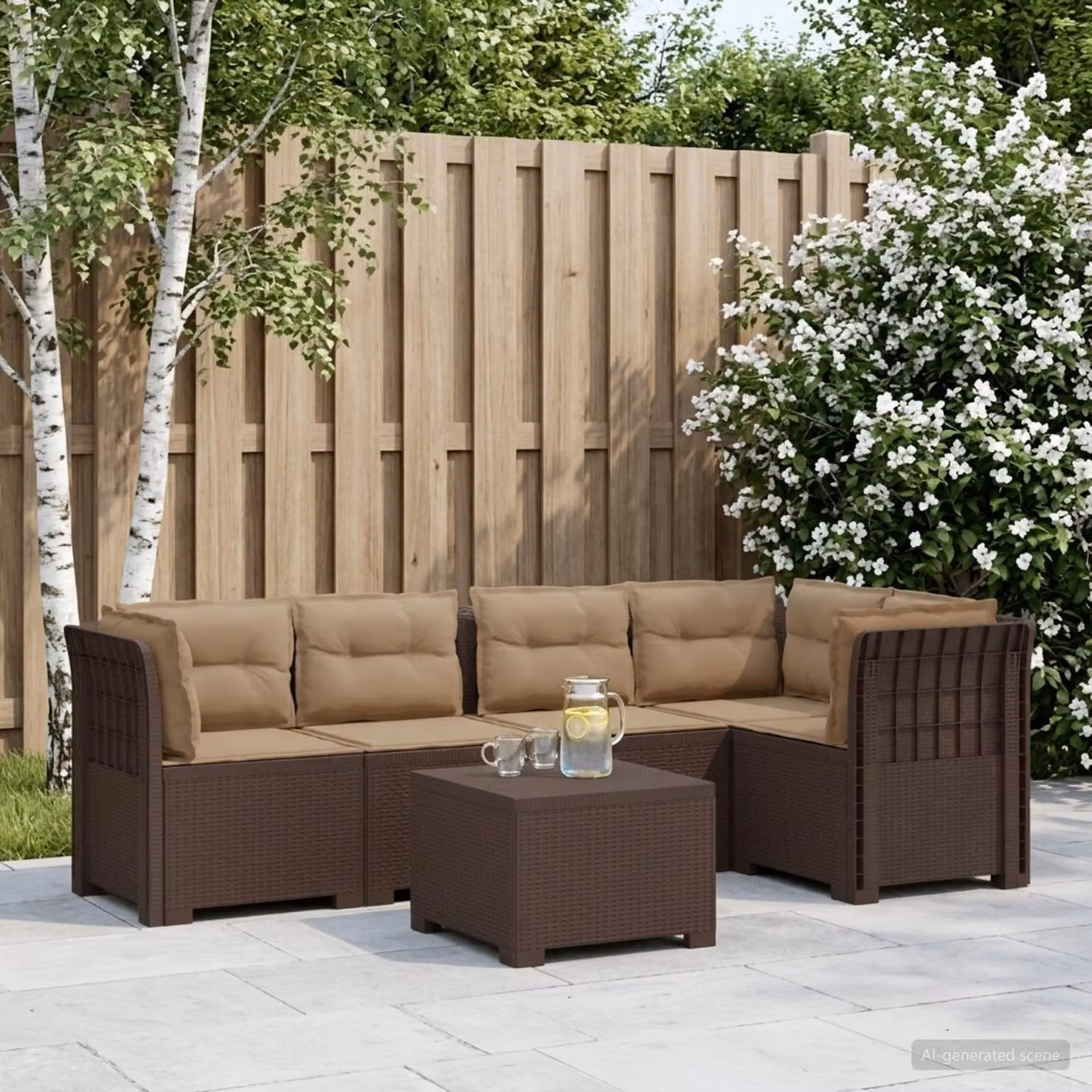 Set da giardino vidaXL a forma di L con divano da 5 posti, poltrona, tavolino e cuscini in polyrattan marrone