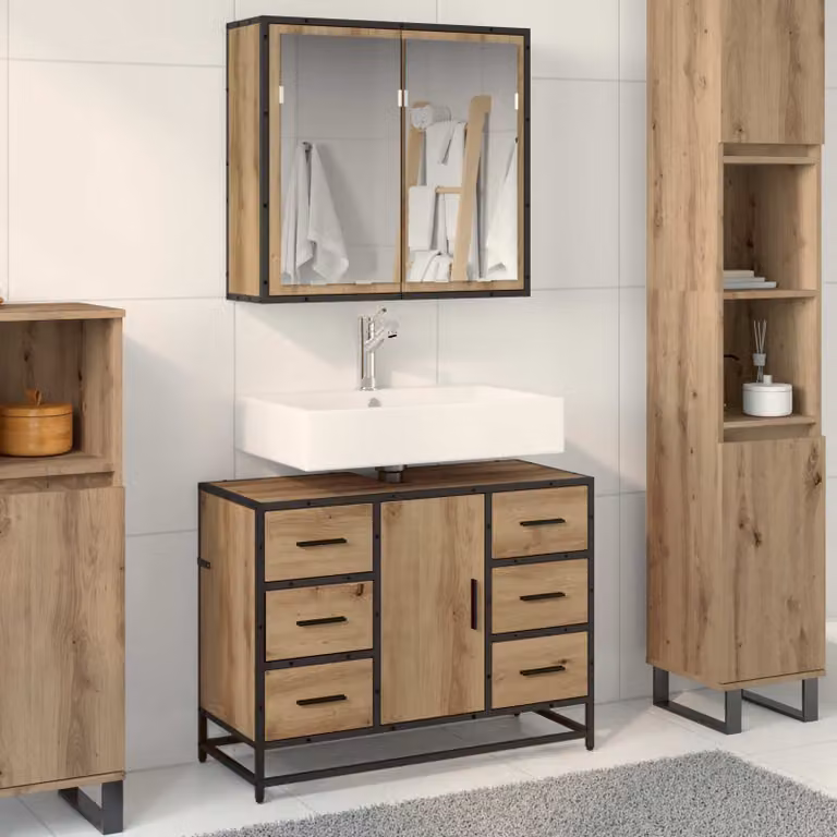 Set di mobili per il bagno vidaXL composto da mobile sottolavabo e armadietto con specchio in rovere marrone con finitura opaca