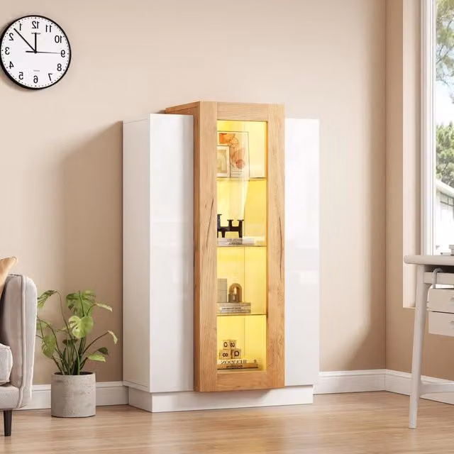 Vetrina da soggiorno moderna bianca lucida con 3 ante in vetro, illuminazione integrata e ripiani interni, L: 74 cm, P: 40 cm, H: 120 cm