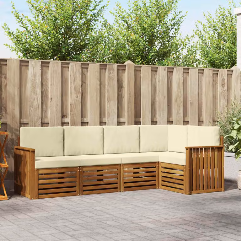 Set di divani da esterno a L vidaXL in legno di acacia con cuscini beige e bianchi