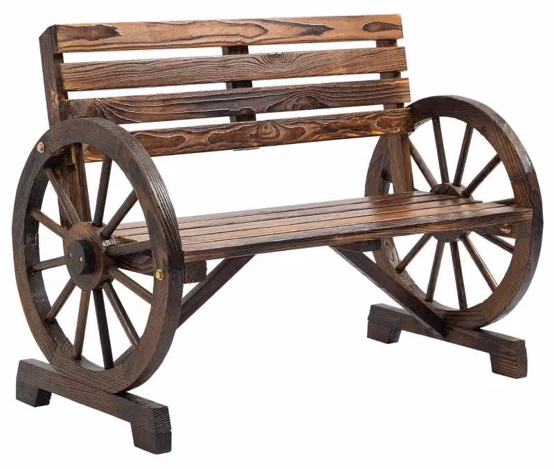 Panca da giardino in legno con braccioli a forma di ruota di carro | Colore: nero carbone | Dimensioni: 56 x 105,5 x 79 cm