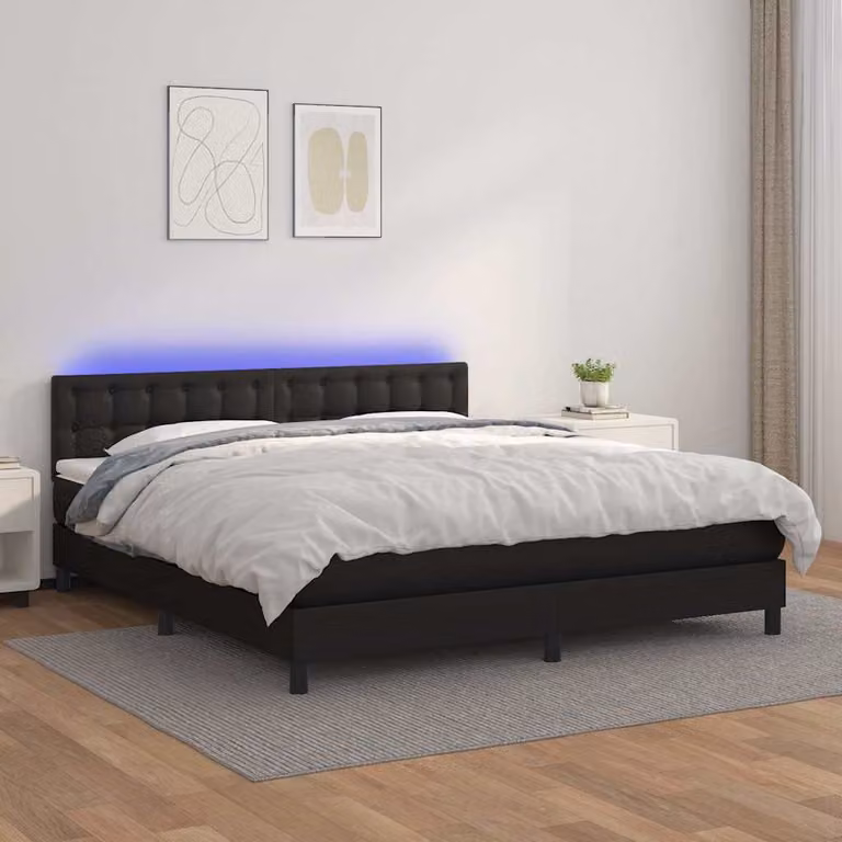 vidaXL Giroletto a Molle con Materasso e Illuminazione LED in Similpelle Nero L/P/H: 180 x 200 cm