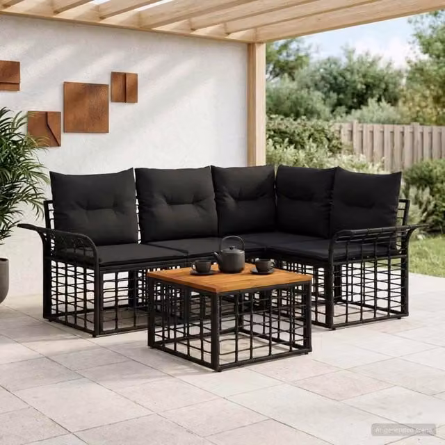 Set di divani da esterno a L vidaXL con tavolino, colore nero e grigio, struttura in metallo e cuscini inclusi