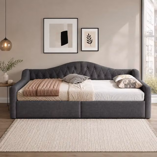 Letto giorno 140x200 cm con imbottitura in lino, illuminazione LED e vano contenitore grigio