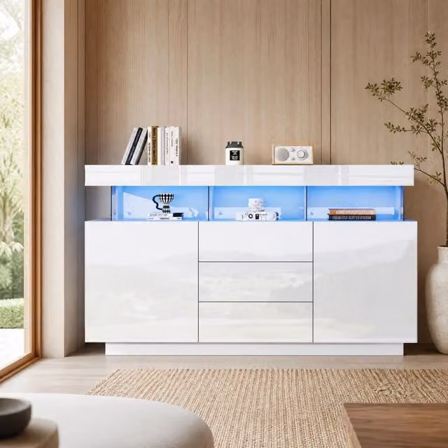 Credenza bianca lucida con LED, 140 x 35 x 80 cm