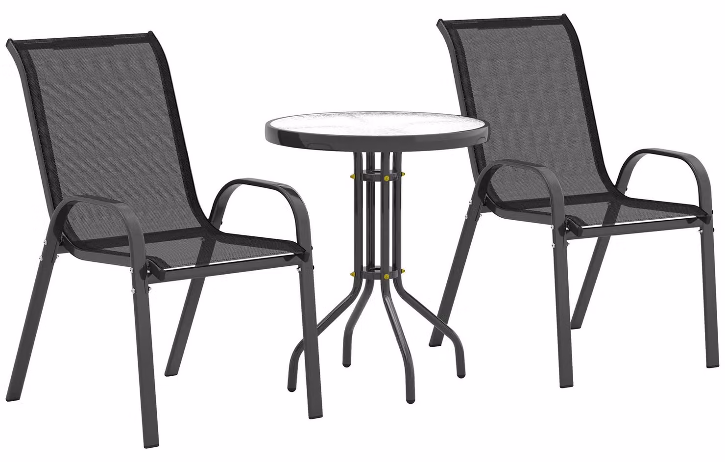 Set Salotto da Giardino 3 Pezzi con 2 Sedie e Tavolino Rotondo in Acciaio Nero