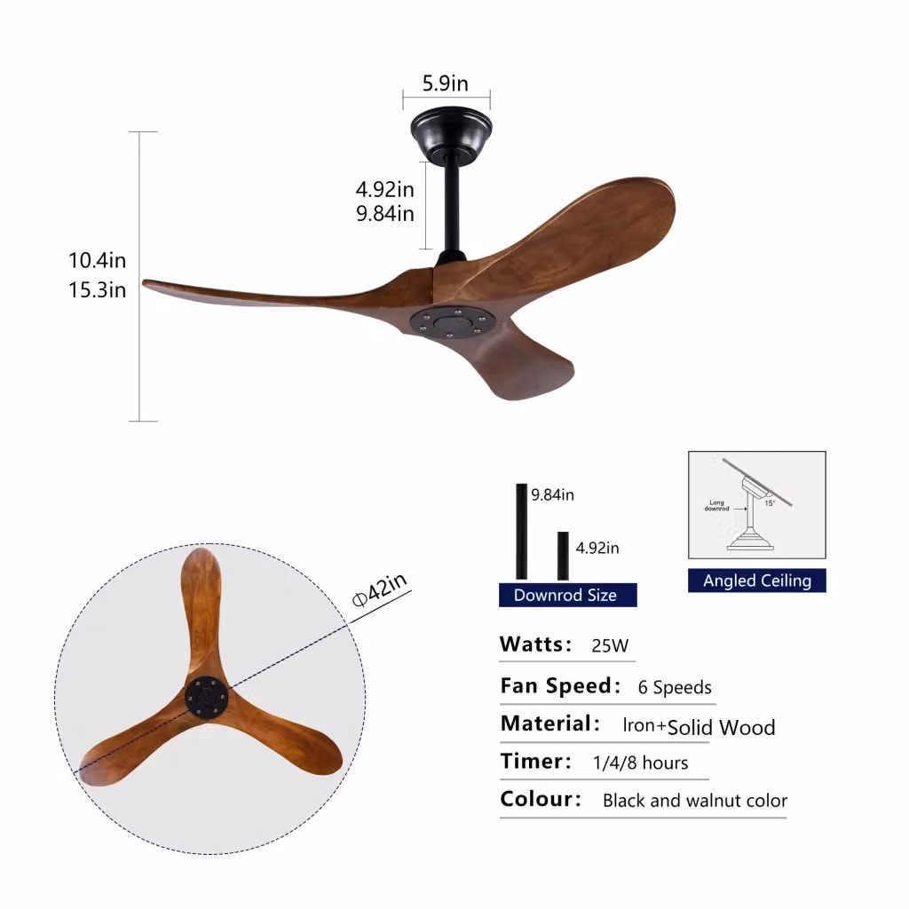 Ventilatore a soffitto Minimal con 3 pale in legno finitura noce e telecomando, ideale per esterno, giardino o soggiorno, colore marrone e nero – 2