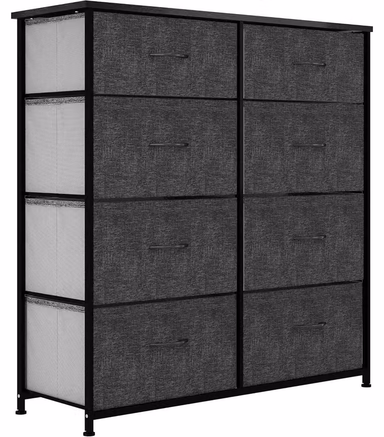 Comodino con 8 cassetti, rivestito in tessuto nero/grigio, dimensioni 86x30x90 cm, struttura in metallo, piano in legno