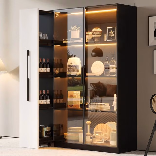 Vetrina REDOM con LED in MDF e Vetro, Nero e Bianco, L/P/H: 110,5 x 35 x 160 cm