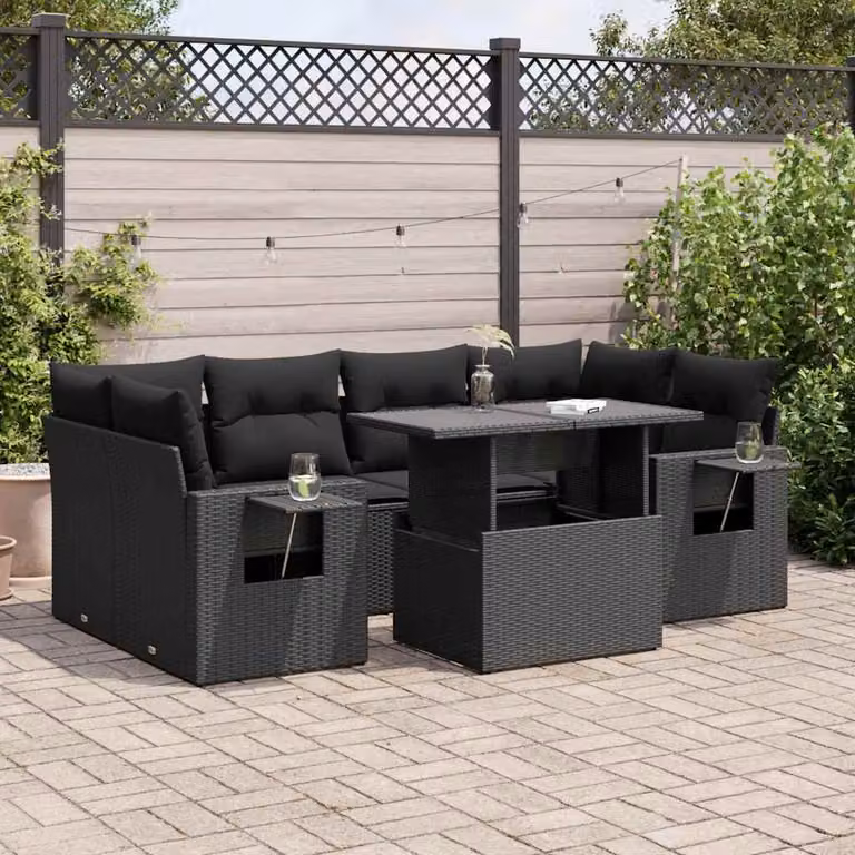 Set Divani da Giardino a Forma di L vidaXL con 7 Pezzi, Polyrattan e Cuscini Neri