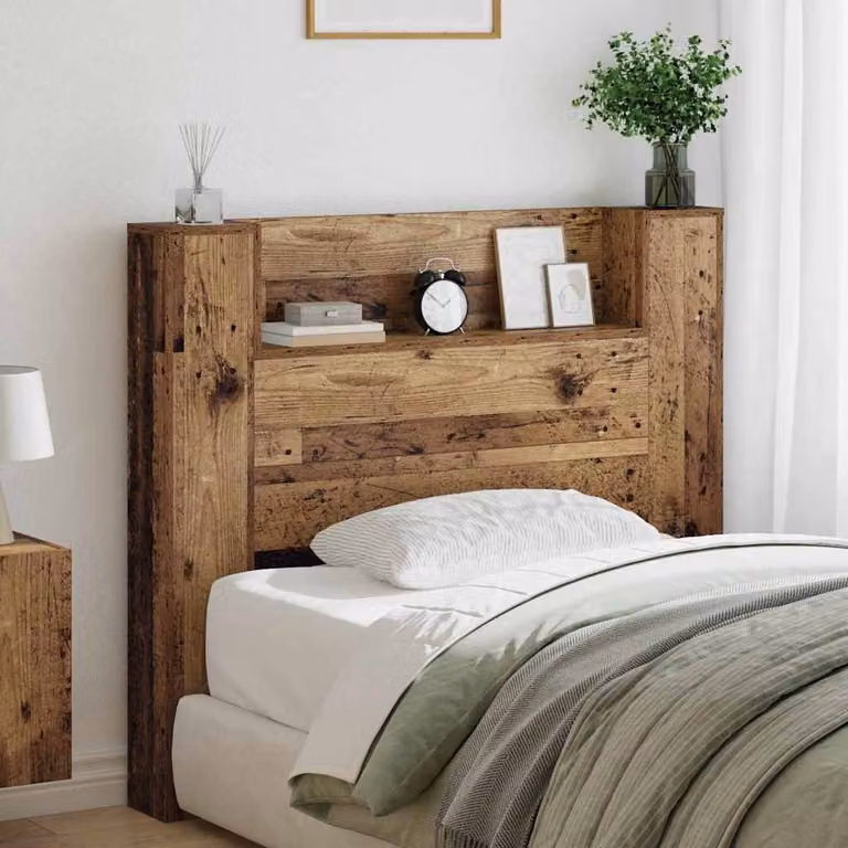 Testiera con stoccaggio vidaXL in legno antico marrone con illuminazione LED, ripiano integrato e porta USB, L 120 x H 103,5 x P 16,56 cm