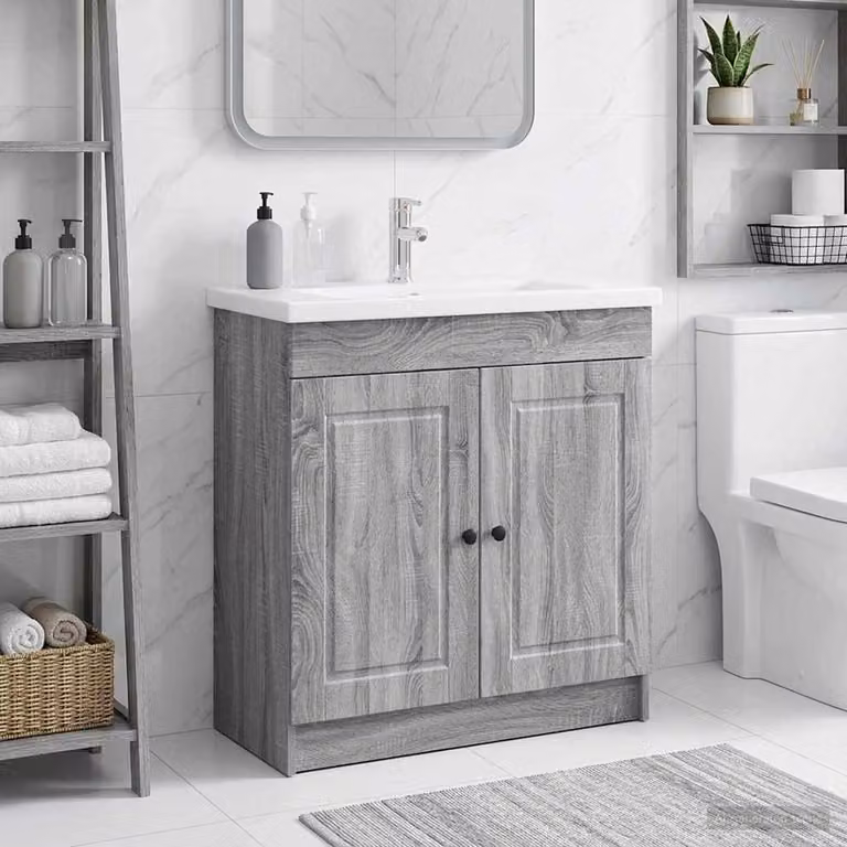 Mobiletto da bagno sotto il lavello vidaXL in stile minimalista, colore grigio e nero, con ante a cerniera e ripiani interni, L/P/H: 81,0 x 37,5 x 21,96 cm