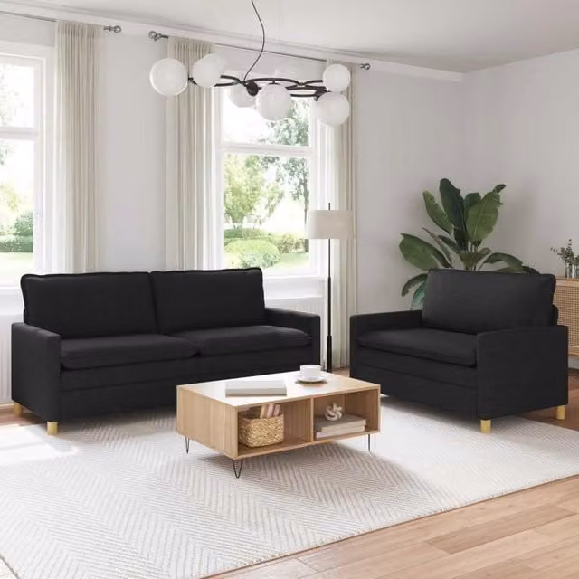 Set di divani moderno vidaXL composto da un divano a 3 posti, un divano a 2 posti e una poltrona in tessuto nero con struttura in metallo – 1