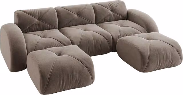 Divano modulare a 3 posti a forma di U in tessuto chenille taupe con 2 pouf, senza telaio, per soggiorno