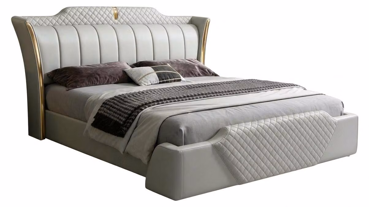 Letto matrimoniale imbottito, grigio, moderno, elegante,