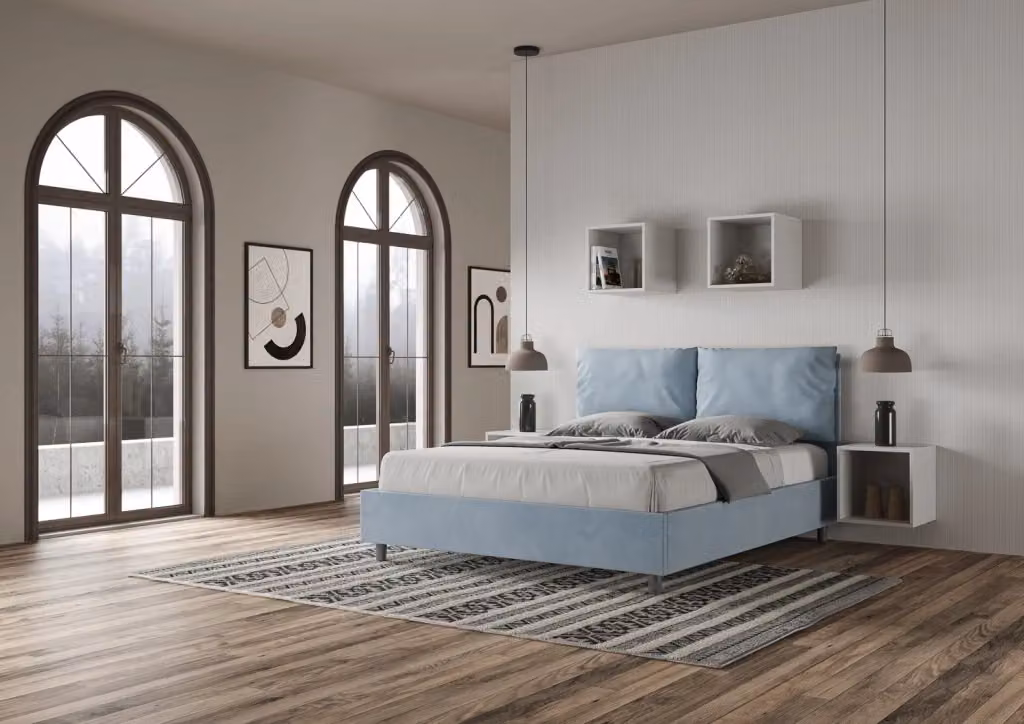 Letto matrimoniale contenitore BS COM imbottito in microfibra azzurro L/P/H: 160 x 200 x 110 cm – 2