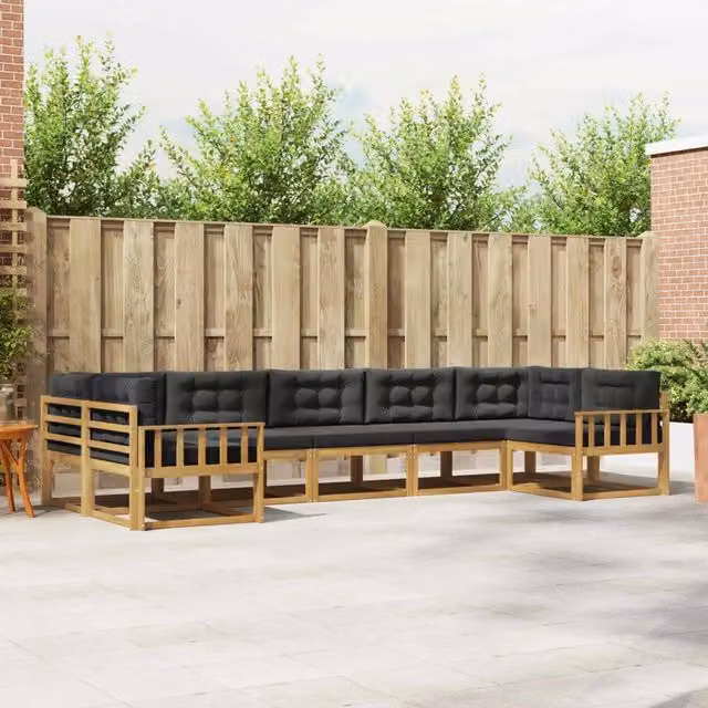 Set di divani da esterno a L vidaXL in legno di acacia, 7 pezzi, Bianco, Antracite e Marrone