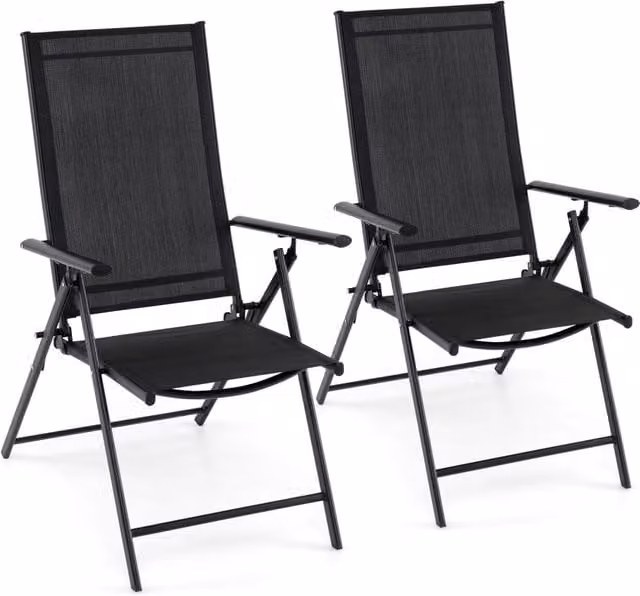 Set di 2 sedie da esterno pieghevoli con braccioli in tessuto traspirante textilene e struttura in acciaio nero per giardino, balcone o terrazza – 1