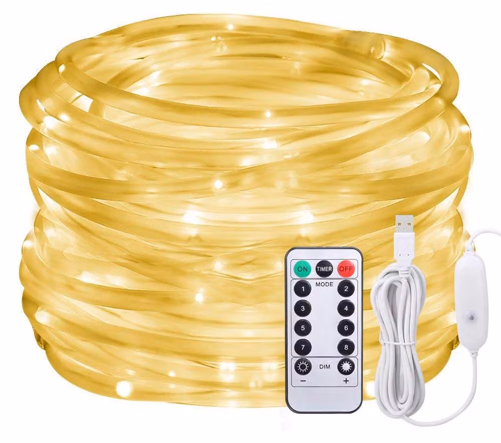 Striscia luminosa a LED, 13 metri, 100 LED bianco caldo, alimentazione USB, grado di protezione IP65, 8 modalità, telecomando