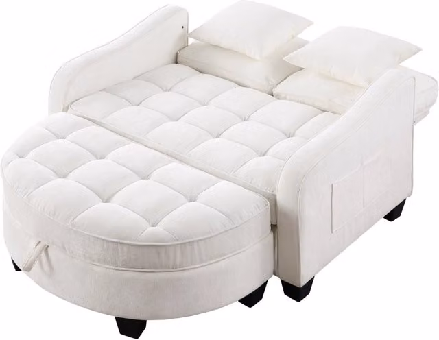 Sofà multifunzionale 2-in-1 con letto estraibile e pouf contenitore, telaio in legno di eucalipto beige per spazi piccoli