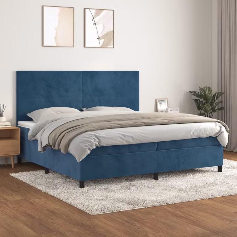 The Living Store Letto a molle con materasso blu scuro 200x200 cm in velluto