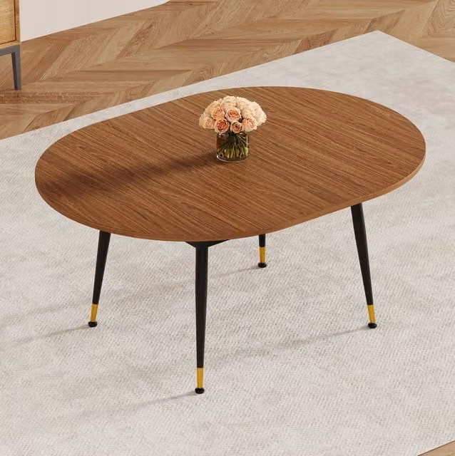 Tavolo da pranzo ovale in MDF effetto noce con gambe in metallo