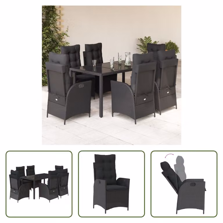 The Living Store Set da pranzo da giardino 7 pezzi con cuscini in polirattan nero