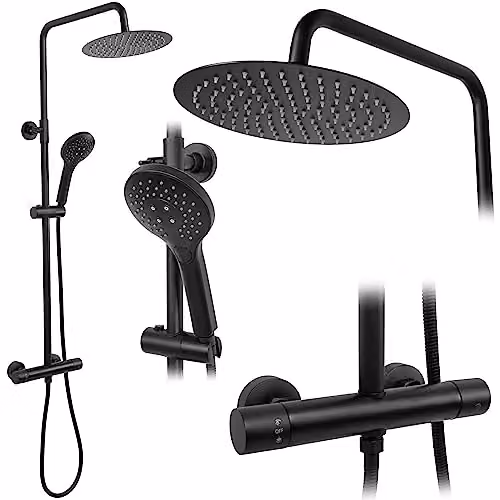 Colonna Doccia Rea - Con Termostato Vincent Sistema Doccia In Ottone Nero Per Bagno (Nero) 48x27x123,5cm