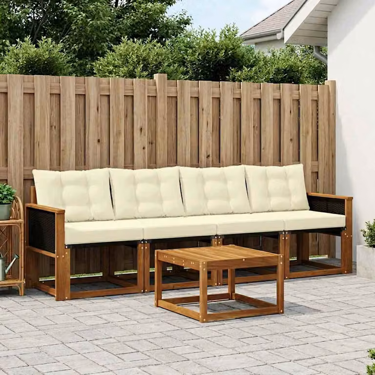 Set di divani da esterno vidaXL 5 pezzi in legno di acacia con cuscini e tavolino, colori beige, bianco e marrone