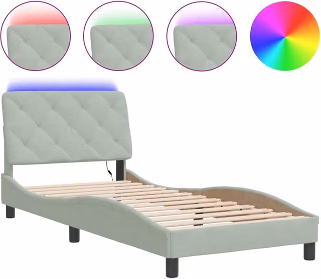 Letto singolo moderno in velluto grigio chiaro con illuminazione LED sottostante e porta USB, L/P/H: 90 x 190 cm