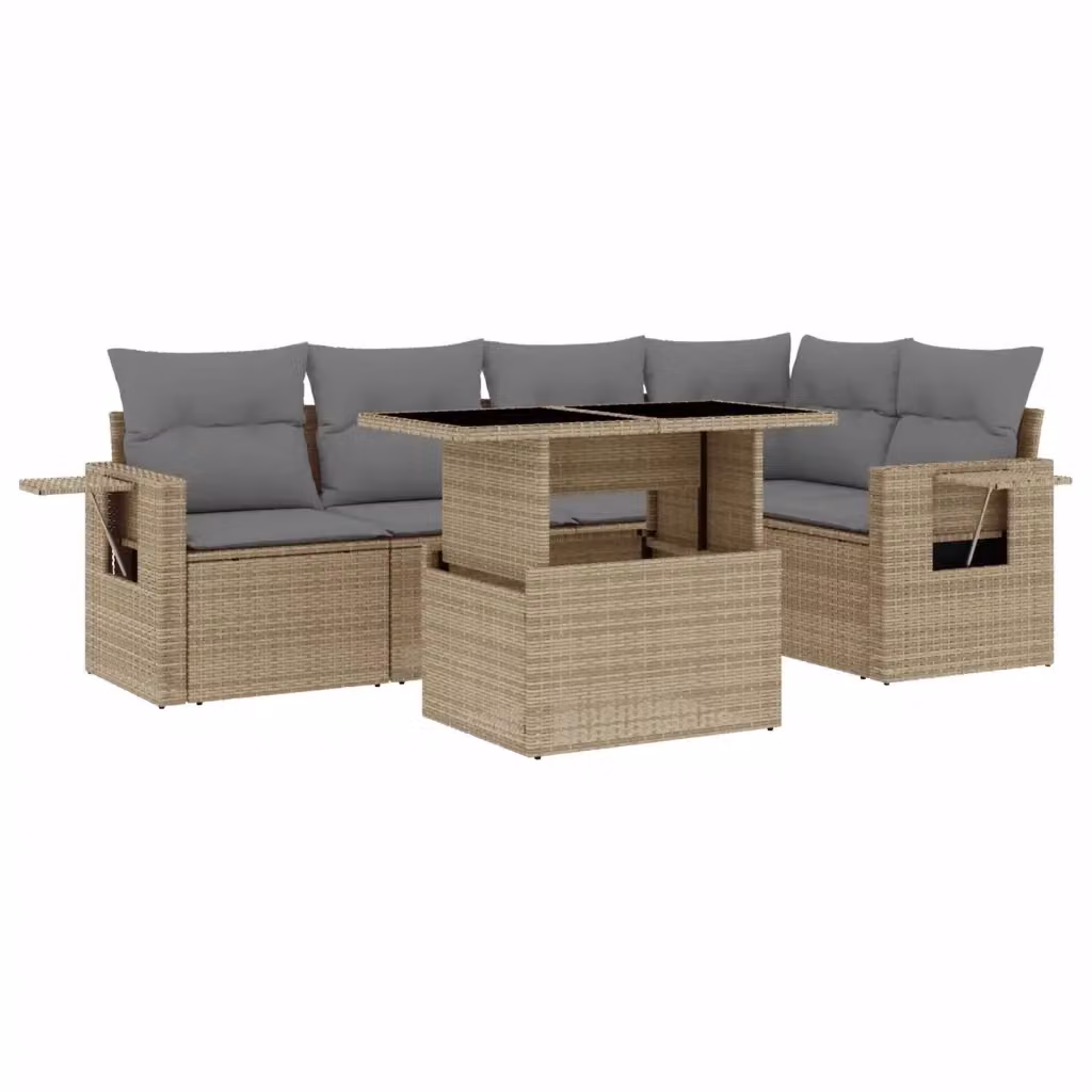 vidaXL Set Divano da Giardino a L in Polyrattan con Cuscini Beige e Tavolino, 6 Pezzi – 2