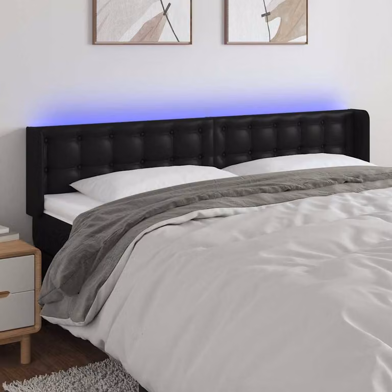 Testiera per letto vidaXL in similpelle nera con illuminazione LED e porta di ricarica USB, L: 203 cm, P: 16 cm, H: 78-88 cm